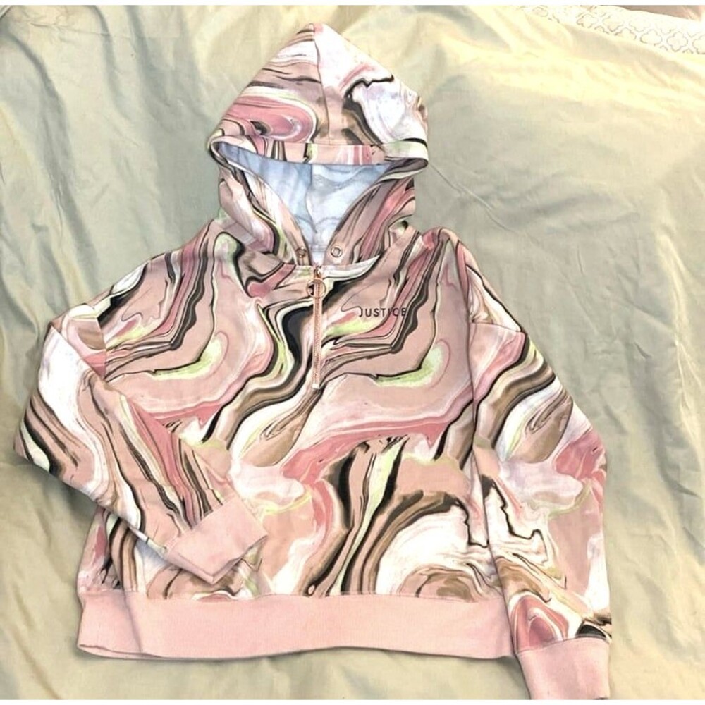 Justice Girls Marbled Hooded Sweatshirt Pink Swirl Quarter Zip Fleece XL 16/18